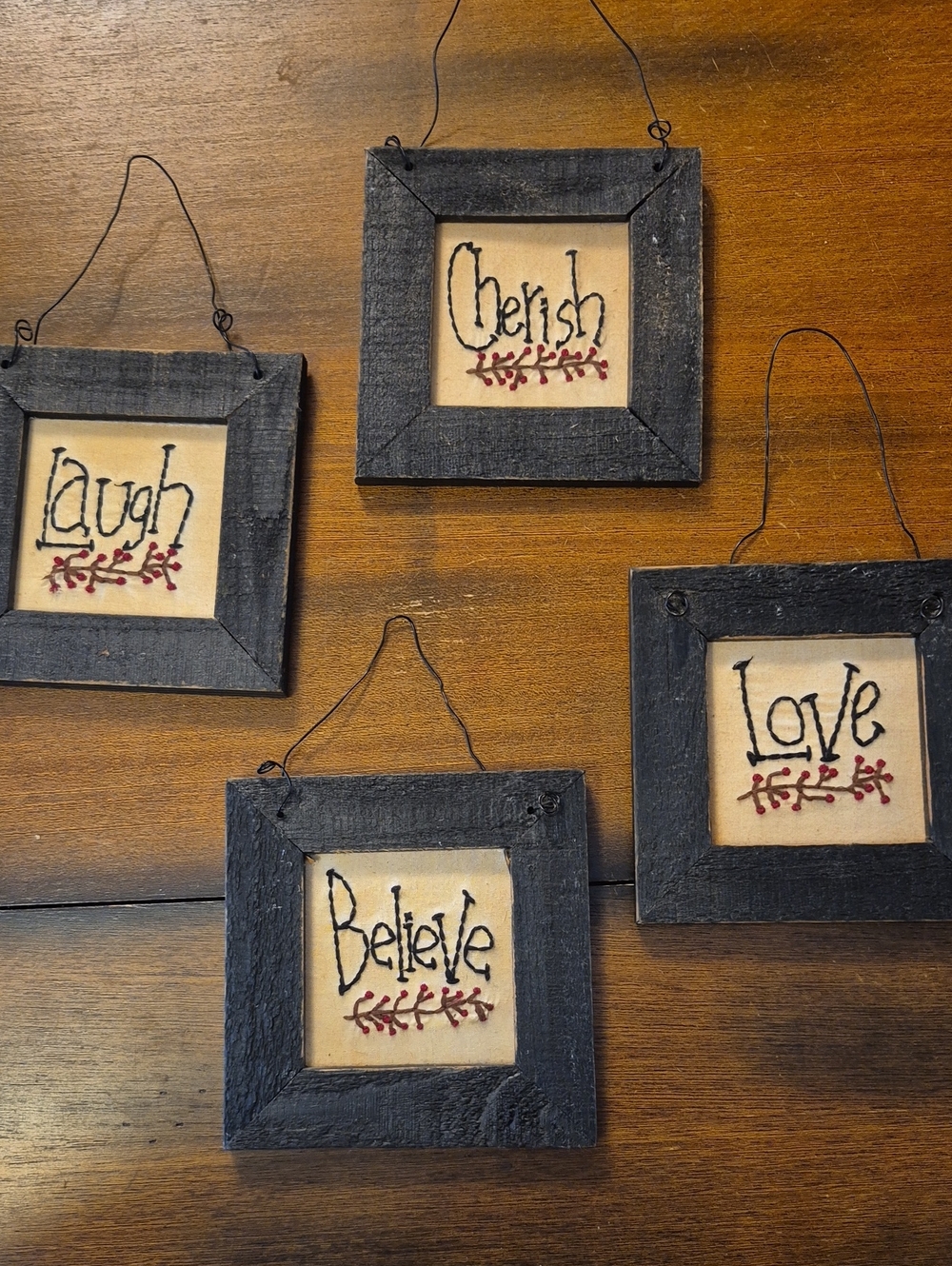 Rustic Folk Art Stitched Wood Frame Wire Hanger Believe Laugh Love Cherish Signs